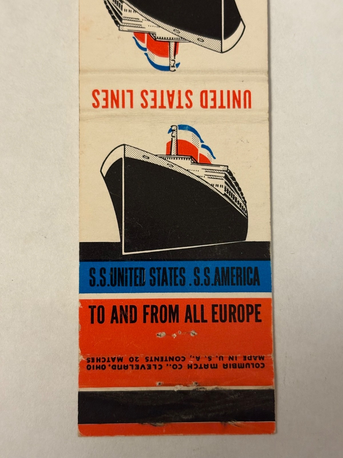 United States Lines Matchbook Cover S.S. America Europe US U.S. SS Ship Columbia