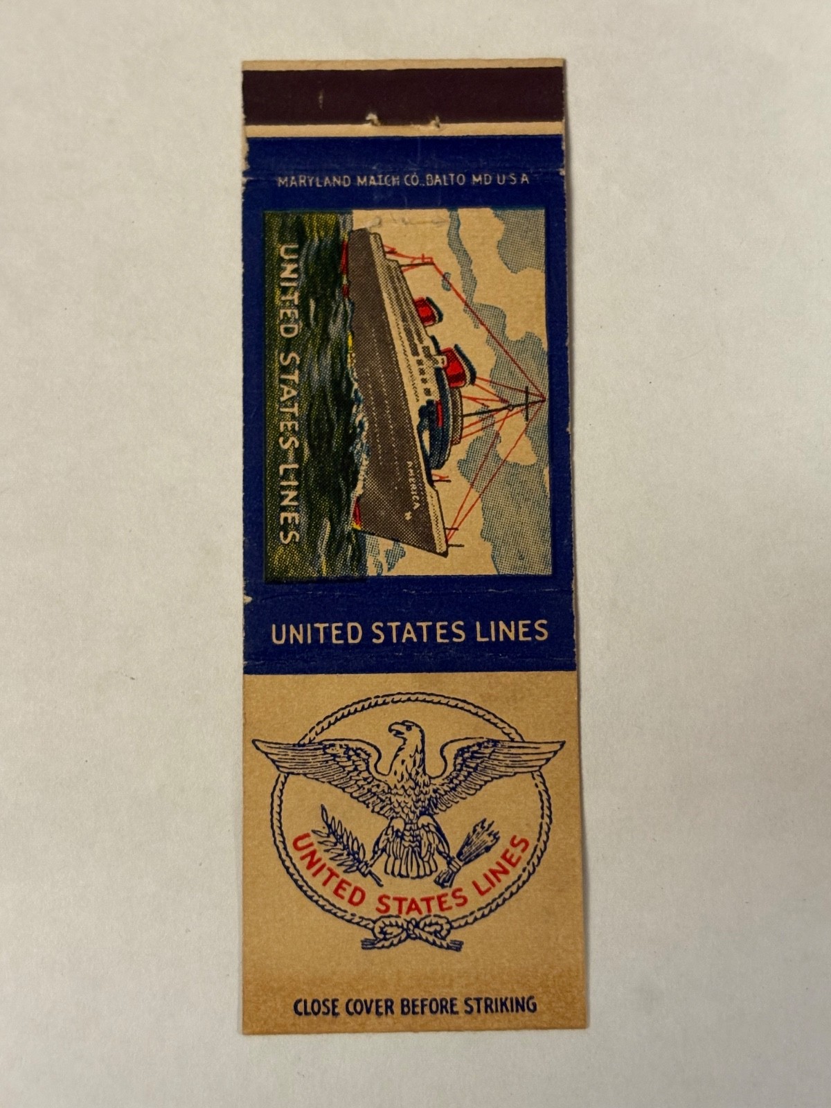 United States Lines Matchbook Cover U.S. US Eagle Logo Emblem Crest Boat Ship