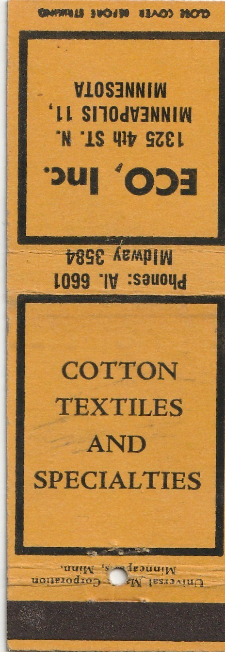 MATCHBOOK COVER – ECO INC. – MINNEAPOLIS MINNESOTA – COTTON TEXTILES – UNSTRUCK