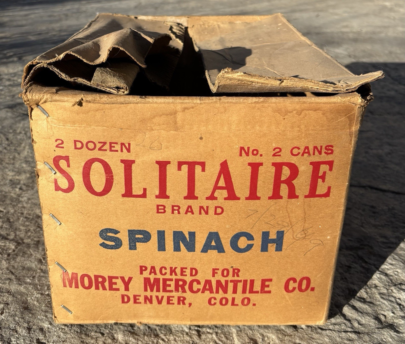 Vintage Solitaire Cardboard Box for Canned Spinach Morey Mercantile Denver CO