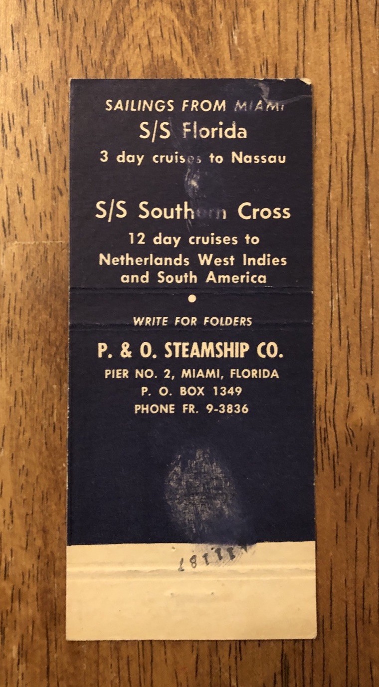 The Peninsular & Occidental Steamship Co. Miami, Florida Matchbook Cover (X1)