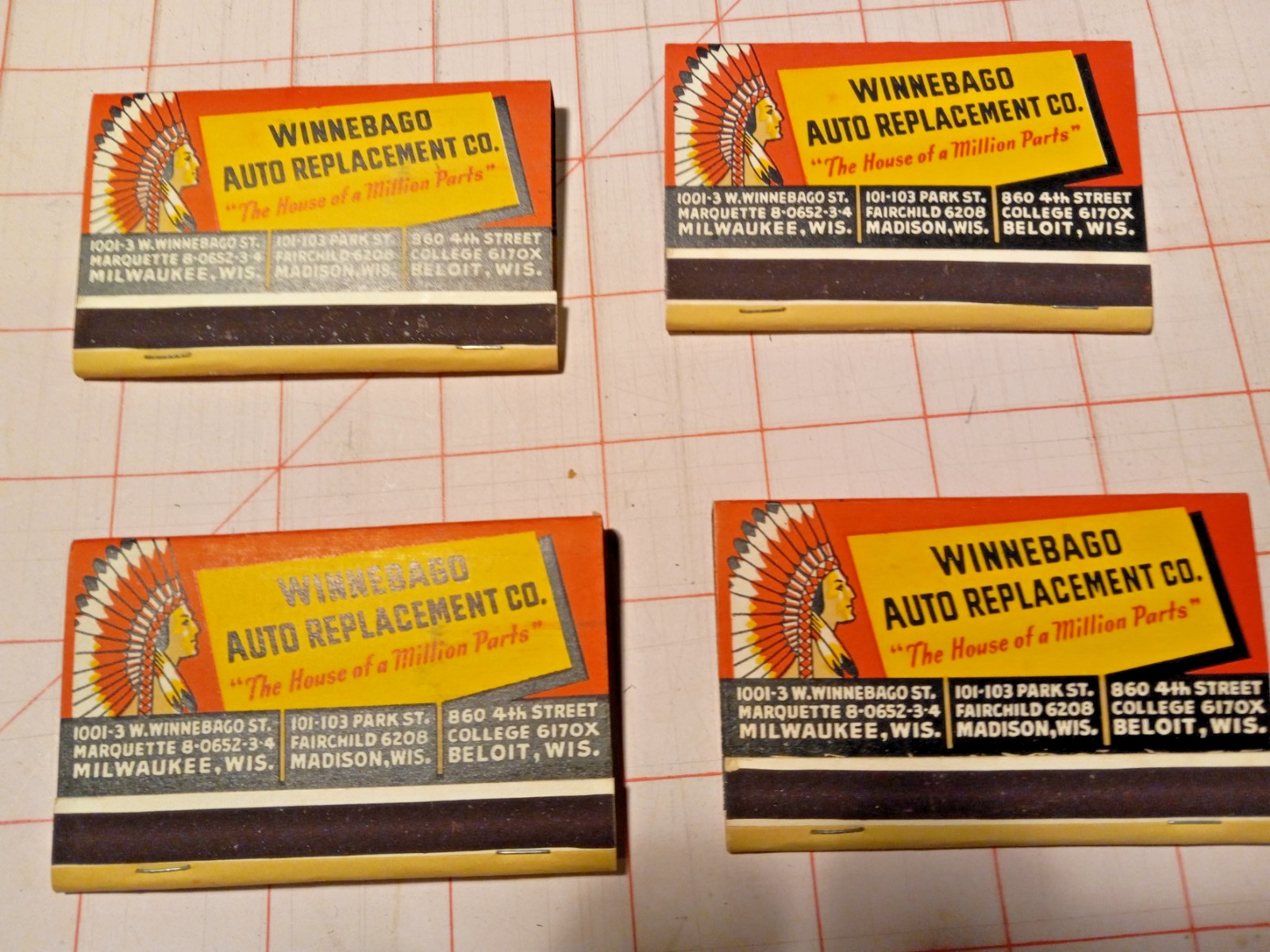 WB442 Matchbook Cover Wide Winnebago Auto Replacement Co Milwaukee Madison WI