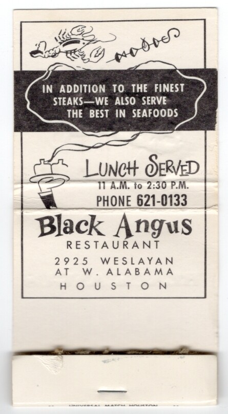 Black Angus Restaurant Used Matchbook 1980s Houston Texas Weslayan at W. Alabama