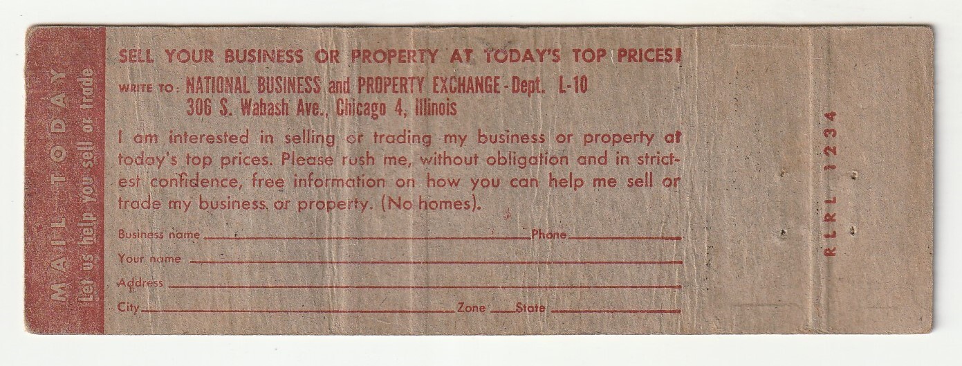 MATCHBOOK COVER – NATIONAL BUSINESS & PROPERTY EXCHANGE – CHICAGO ILLINOIS