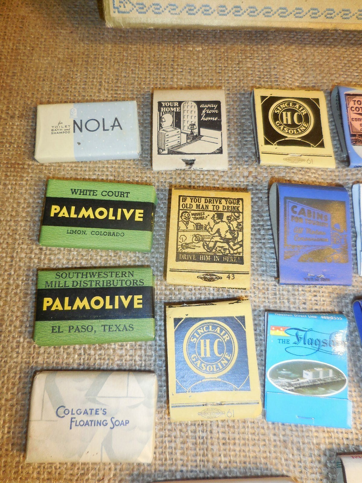 lot of Vintage Matchbox and hotel soaps,cardboard advertising case included