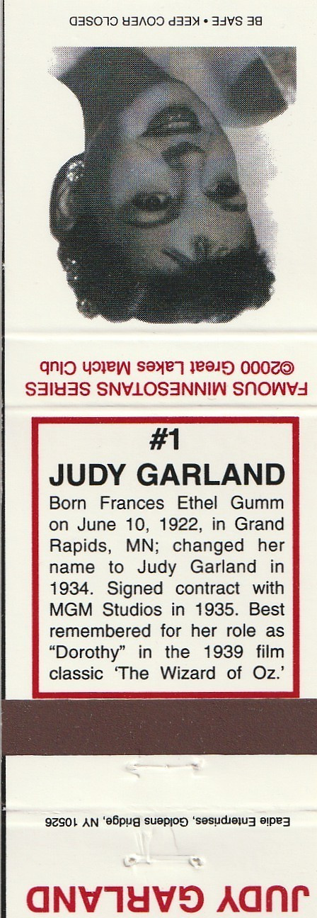 MATCHBOOK COVER – FAMOUS MINNESOTANS – JUDY GARLAND – UNSTRUCK