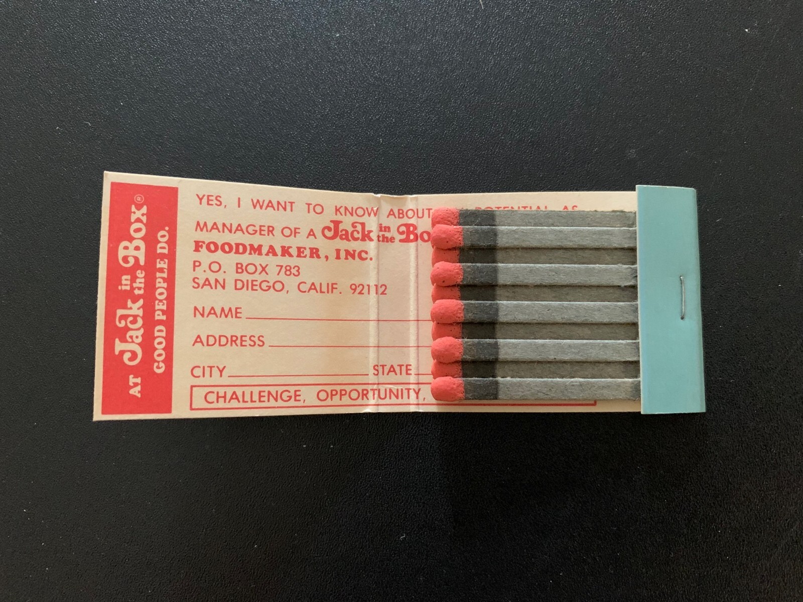 Vintage Matchbook Jack in the Box Ralston Purina Co 1970’s San Diego, CA matches