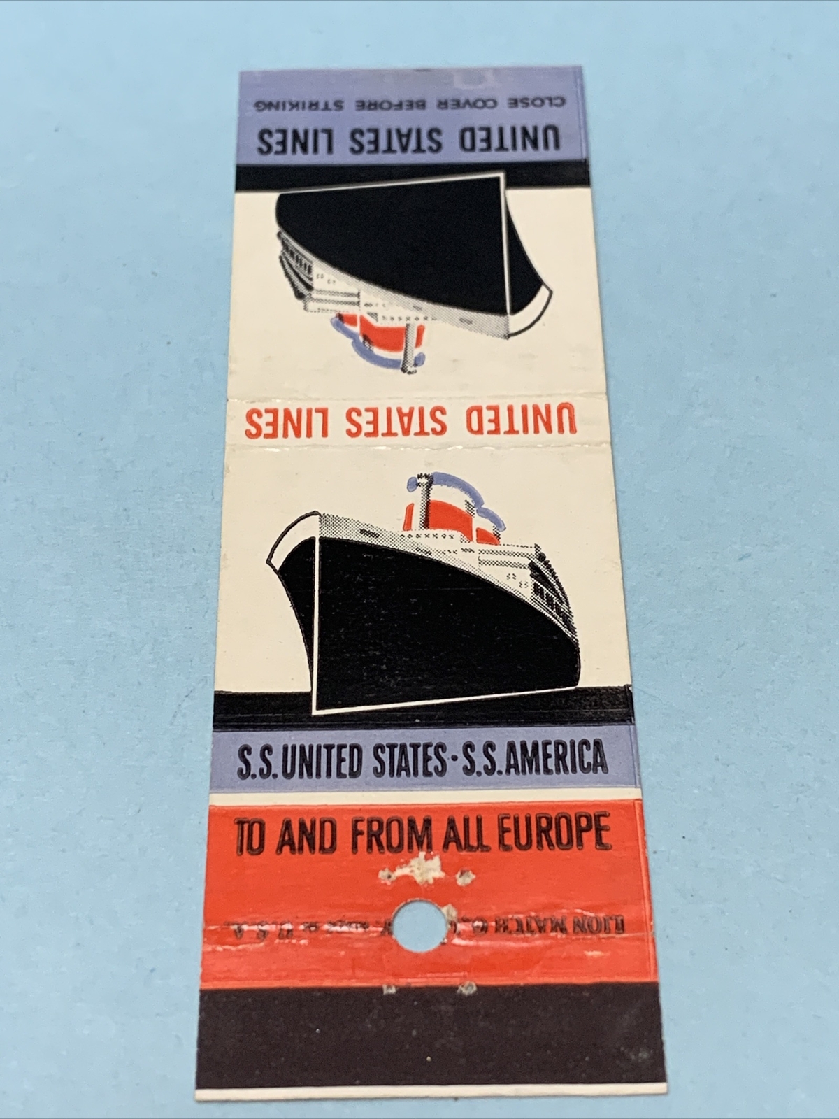 Front Strike Matchbook Cover United States Cruise Lines To And From Europe gmg