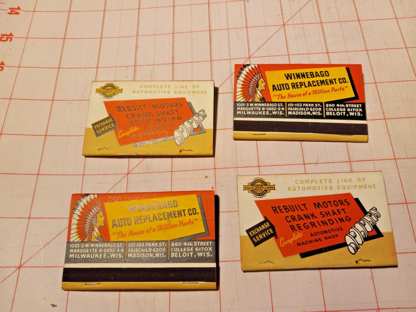 WB442 Matchbook Cover Wide Winnebago Auto Replacement Co Milwaukee Madison WI