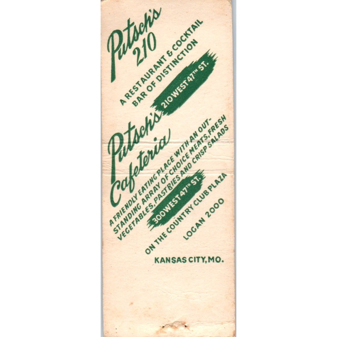 Putsch’s 210 Restaurant Kansas City MO Advertising Matchbook Cover SA9-M3