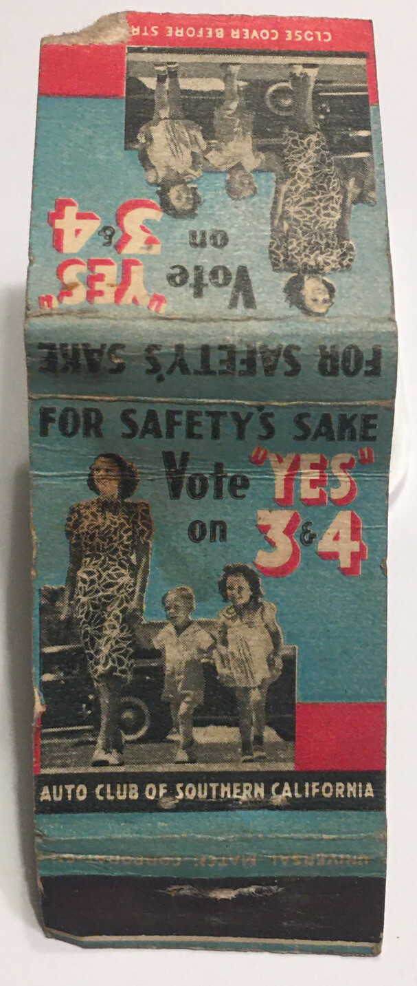 Vintage Matchbook Cover Auto Club Of Southern California Vote Yes On 3 & 4! d570