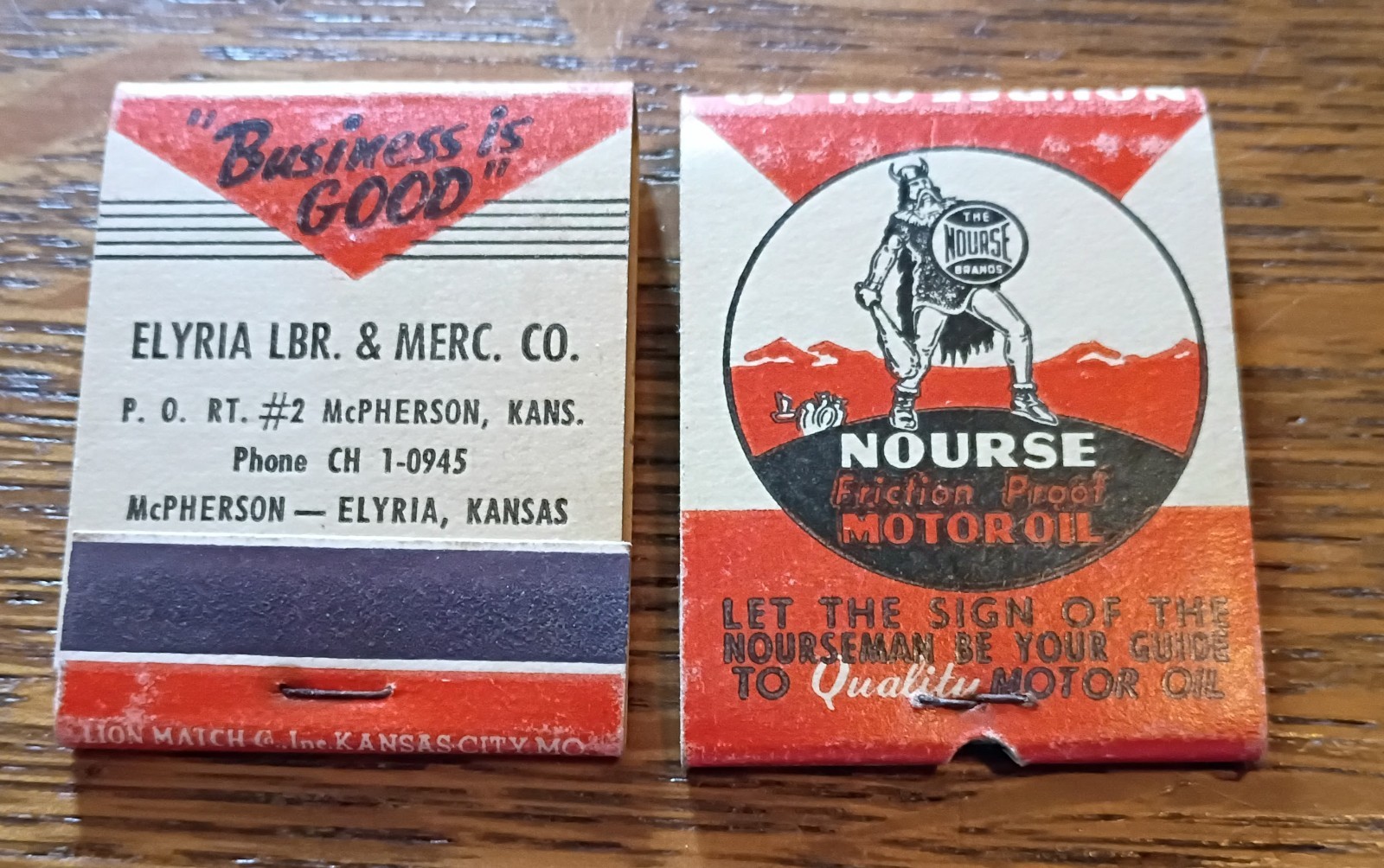 Two Vintage “NOURSE MOTOR OIL” MATCHBOOKS….FULL & NICE..McPherson, Kansas
