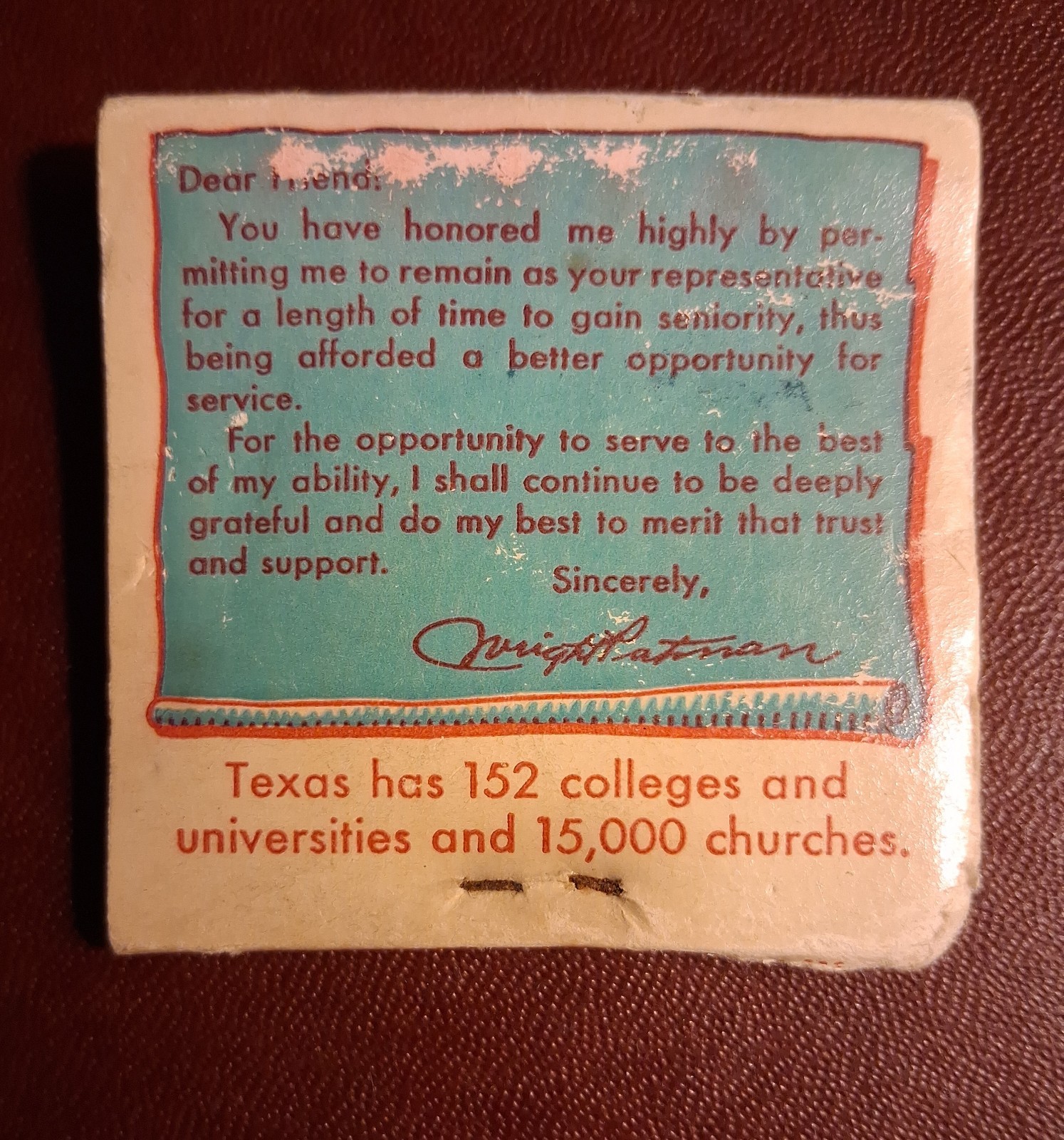 United States Congress ~ Texarkana Texas ~ Salvaged Historic Matchbook.