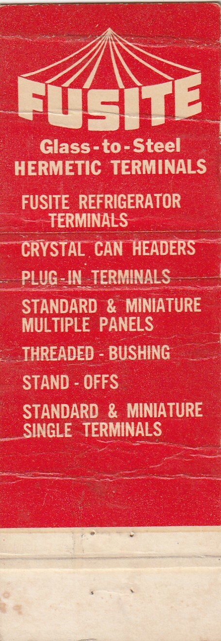 MATCHBOOK COVER – FUSITE HERMETIC TERMINALS – CINCINNATI OHIO – ELECTRICAL