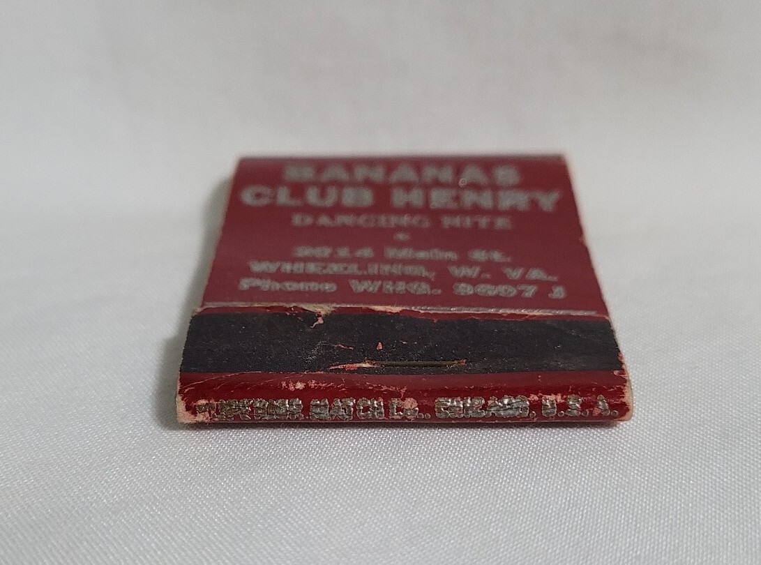 Vintage Bananas Club Henry Matchbook Cover Wheeling West Virginia Advertising