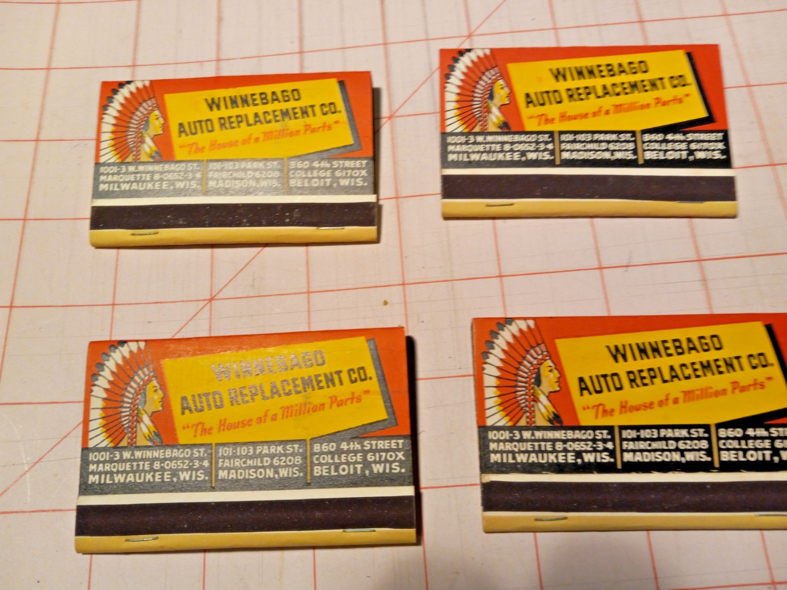 WB442 Matchbook Cover Wide Winnebago Auto Replacement Co Milwaukee Madison WI